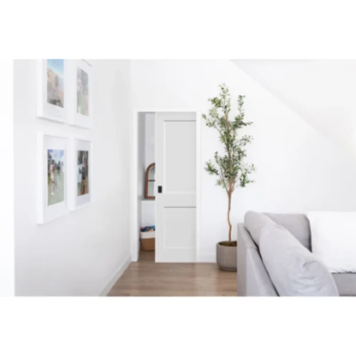 “2 Panel Shaker Solid Core Door Slab with primed finish, solid wood core, ready for painting and sound reduction.”