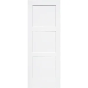 “3 Panel Shaker Solid Core Door Slab with primed finish, solid wood core, paint-ready, and sound-reducing.”