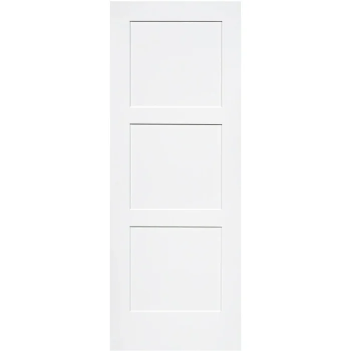 “3 Panel Shaker Solid Core Door Slab with primed finish, solid wood core, paint-ready, and sound-reducing.”