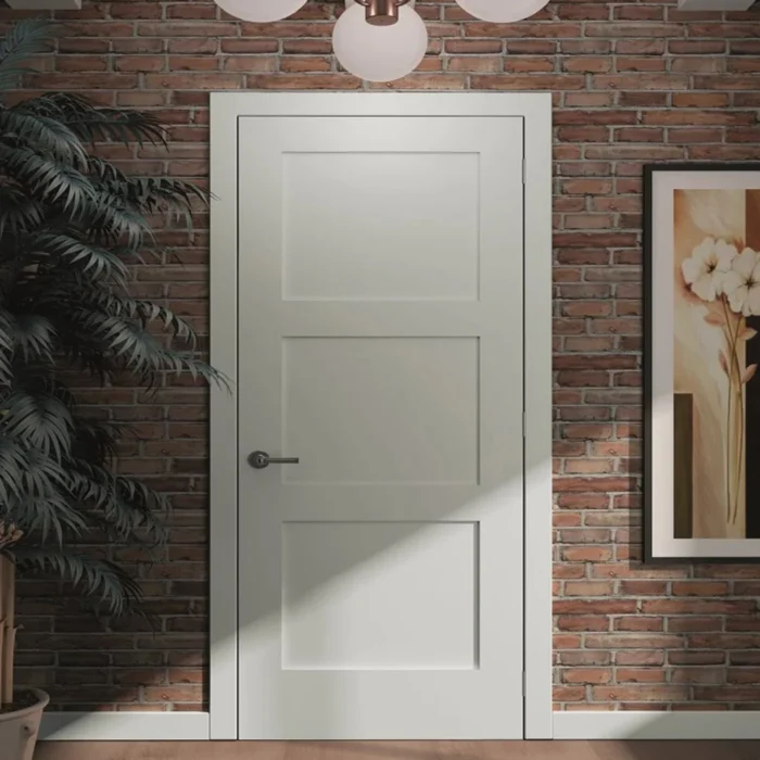 “3 Panel Shaker Solid Core Door Slab with primed finish, solid wood core, paint-ready, and sound-reducing.”