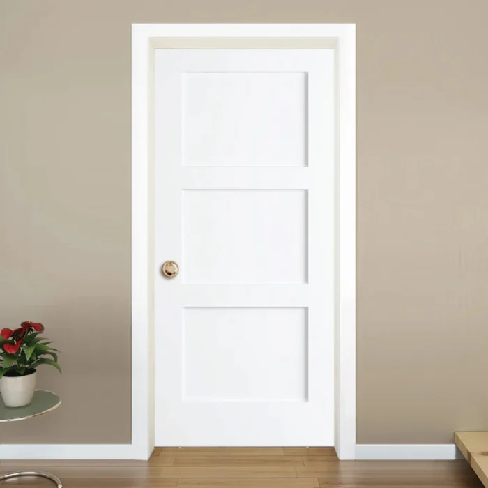 “3 Panel Shaker Solid Core Door Slab with primed finish, solid wood core, paint-ready, and sound-reducing.”