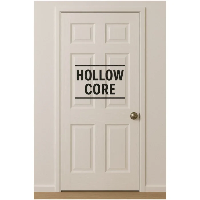 White six-panel hollow core door with black “HOLLOW CORE” stamp centered on it