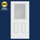 White 1 Lite Over 2 Panel Steel Door on Dark Royal Blue Background with Reno Materials Logo