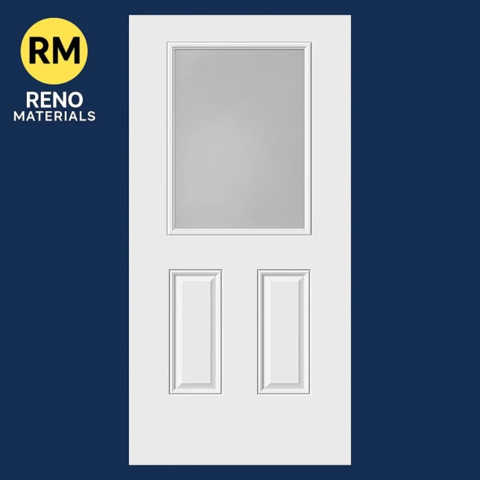 White 1 Lite Over 2 Panel Steel Door on Dark Royal Blue Background with Reno Materials Logo