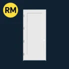 White modern shaker-style interior door on a dark navy background with Reno Materials yellow logo.