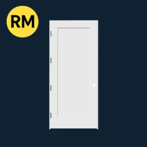 White modern shaker-style interior door on a dark navy background with Reno Materials yellow logo.