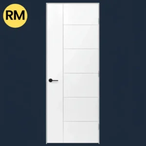 Modern 5-panel interior door in white on a dark navy blue background with the Reno Materials yellow RM logo in the top-left corner.