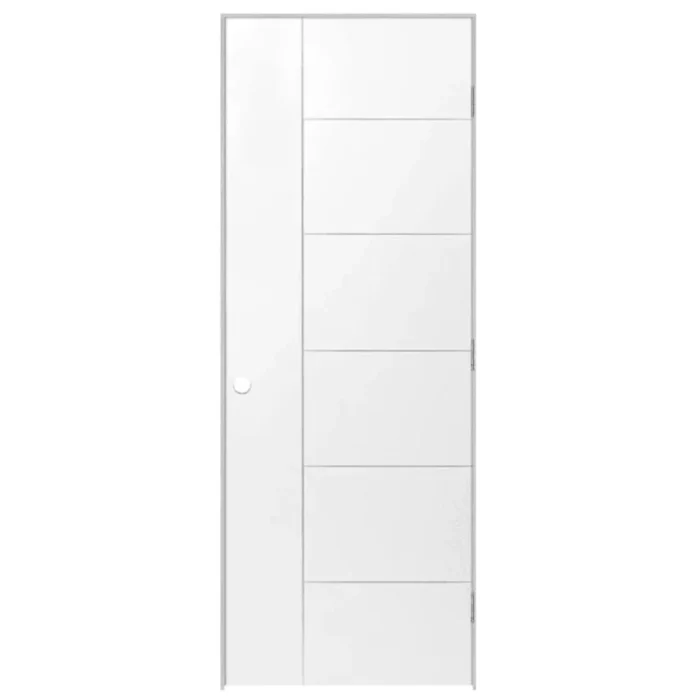 Modern 5-panel interior door in white with vertical design line, displayed on a clean white background.