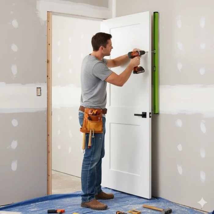 Reno Materials Door Installation Service Canada Completed professional door installation with Reno Materials logo