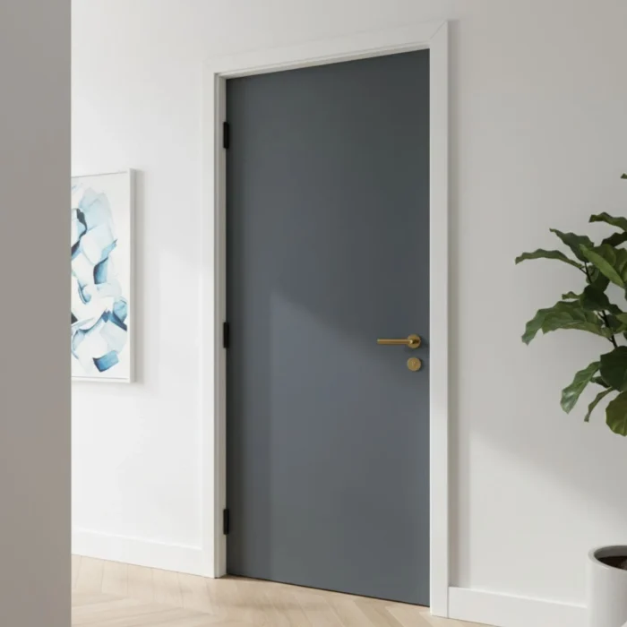 Smooth white interior flat door with hollow core marking in bold black letters