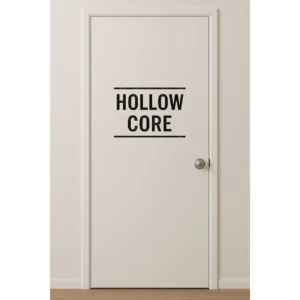 White flat hollow core interior door with “HOLLOW CORE” stamp centered on it