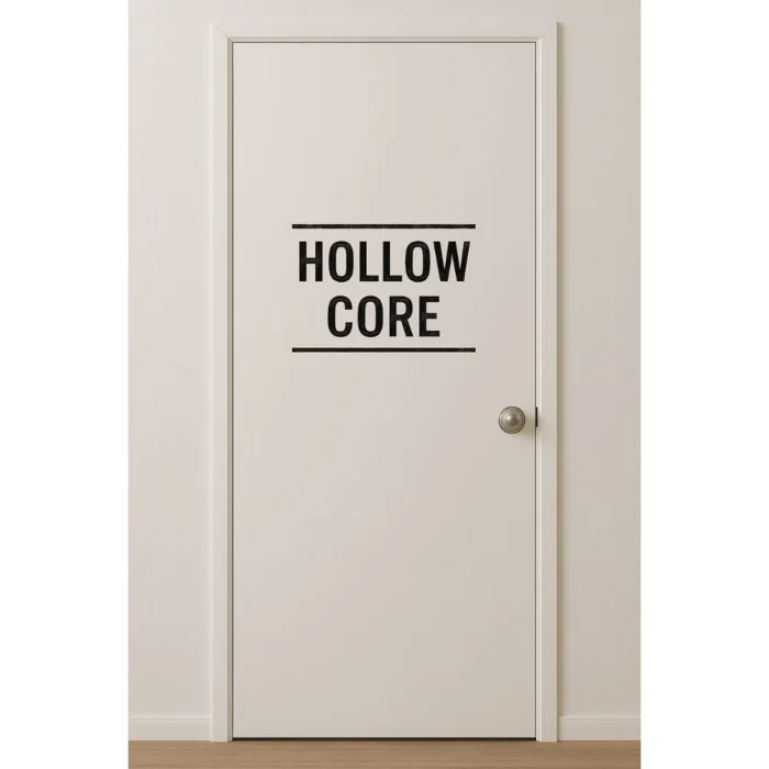 White flat hollow core interior door with “HOLLOW CORE” stamp centered on it