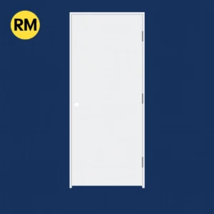Flat prehung fire-rated white interior door on a dark royal blue background with Reno Materials yellow RM logo in the top-left corner.